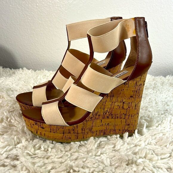 Steve Madden Selinah Cork Wedge Heels Open Toe Elastic Straps Beige Size 7.5 - Picture 3 of 11